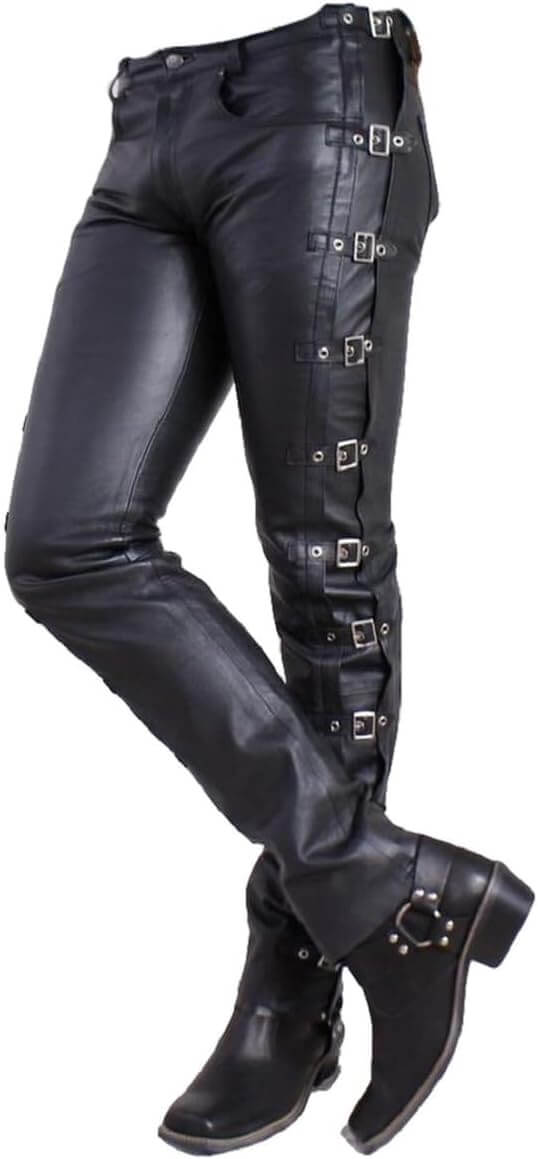 Handmade Black Leather Pants with Side Buckles