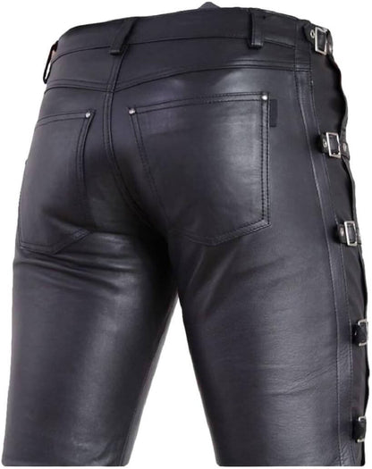 Handmade Black Leather Pants with Side Buckles