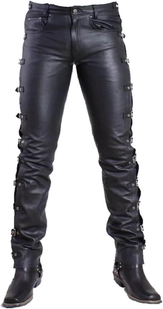 Handmade Black Leather Pants with Side Buckles