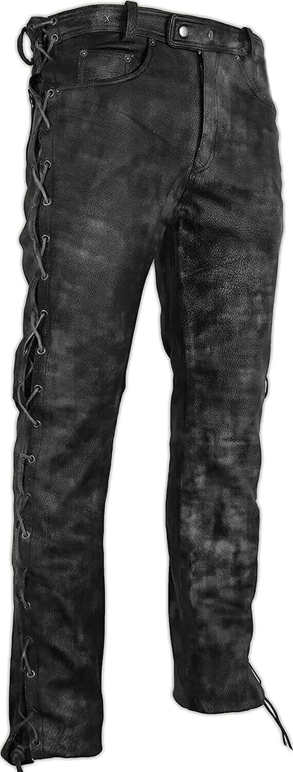 Distressed Leather Side Laced Up Bikers Waxed Pants