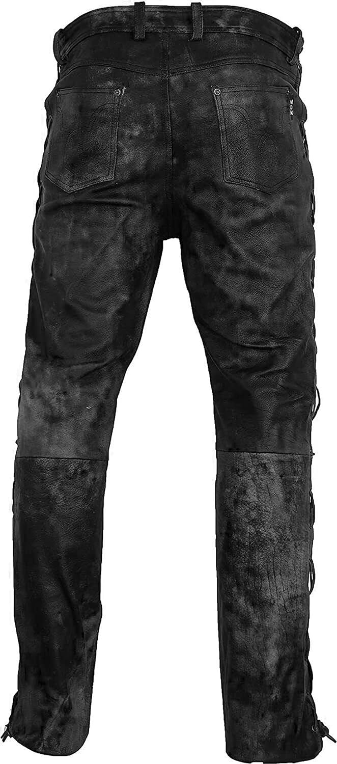 Distressed Leather Side Laced Up Bikers Waxed Pants