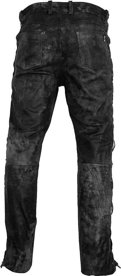 Distressed Leather Side Laced Up Bikers Waxed Pants