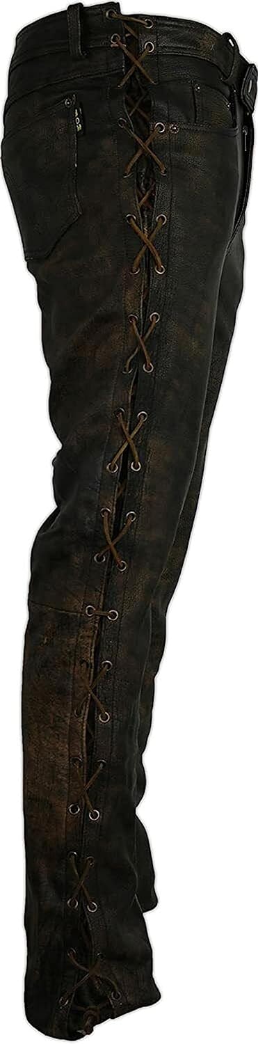 Distressed Leather Side Laced Up Bikers Waxed Pants