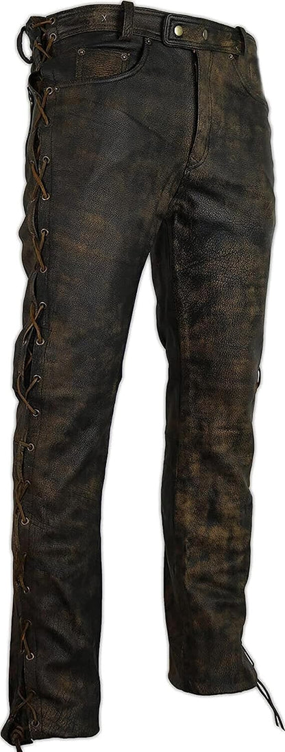 Distressed Leather Side Laced Up Bikers Waxed Pants