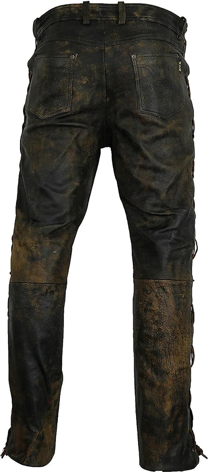 Distressed Leather Side Laced Up Bikers Waxed Pants