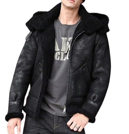 Black Leather Shearling Jacket For Men RAF Aviator