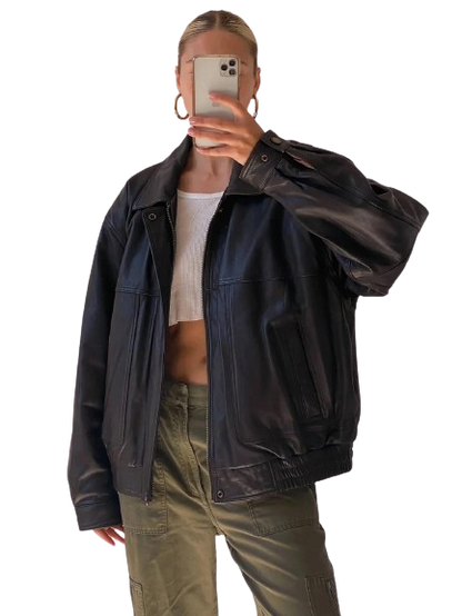 90’s Style Leather Bomber Jacket Women, Black