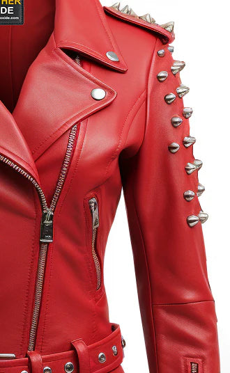 Women Crimson Studs Red Leather Jacket