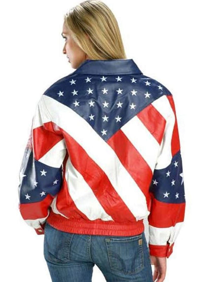 American Flag Style Collar Women Leather Jacket