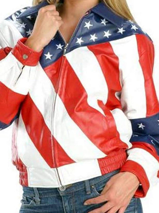 American Flag Style Collar Women Leather Jacket