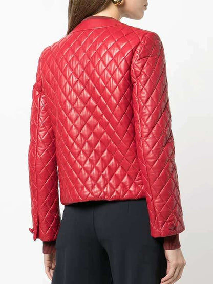 Women’s Collarless Red Leather Quilted Jacket