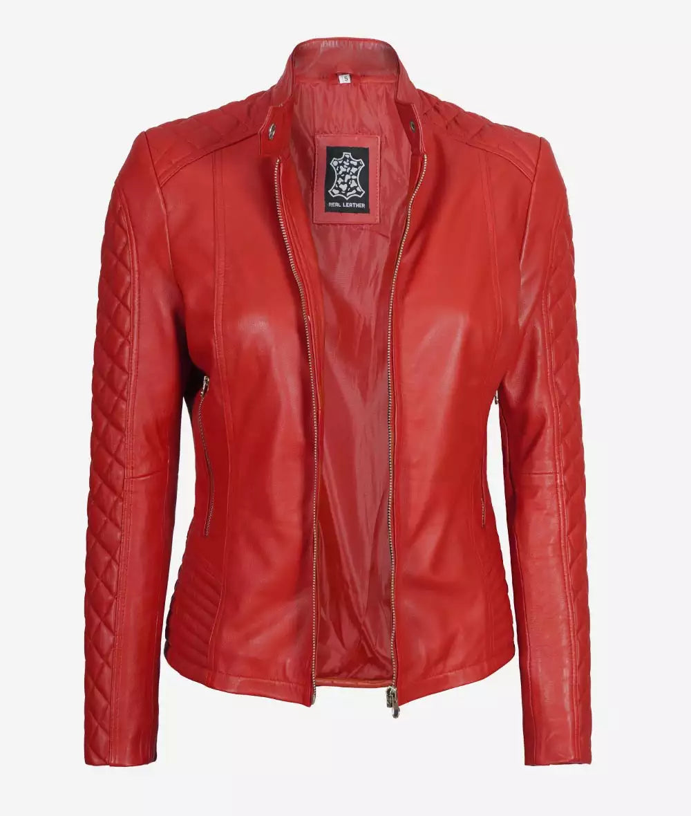 Biker Quilted Leather Jacket Women, Red