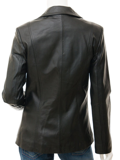 Two Button Black Lambskin Leather Blazer Jacket