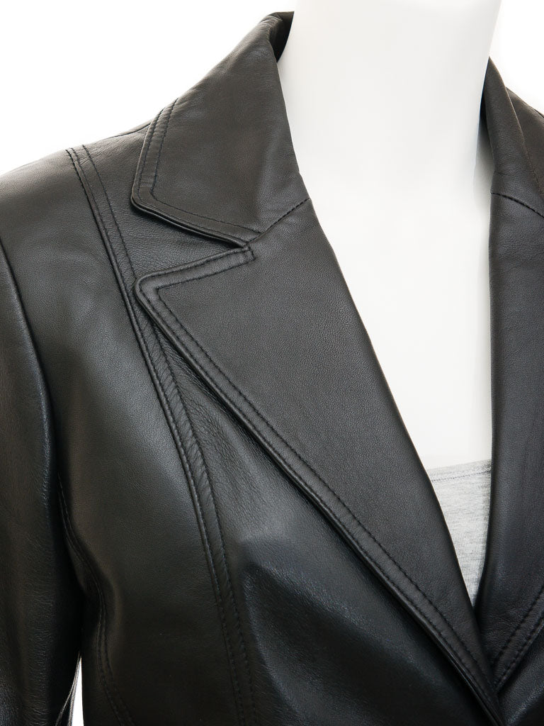 Two Button Black Lambskin Leather Blazer Jacket