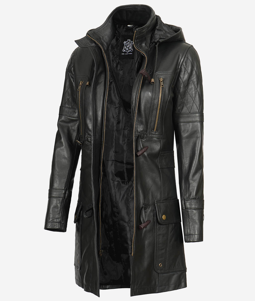 Women Long Coat - Real Leather Zip Up
