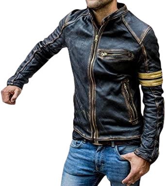 Distressed Quilted Biker Jacket Men, Brown