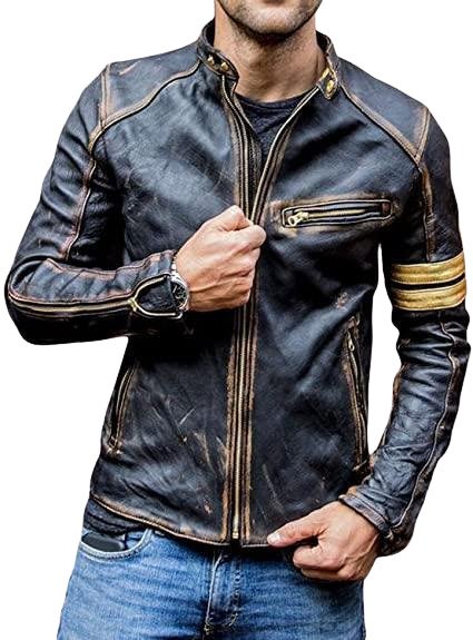 Distressed Quilted Biker Jacket Men, Brown