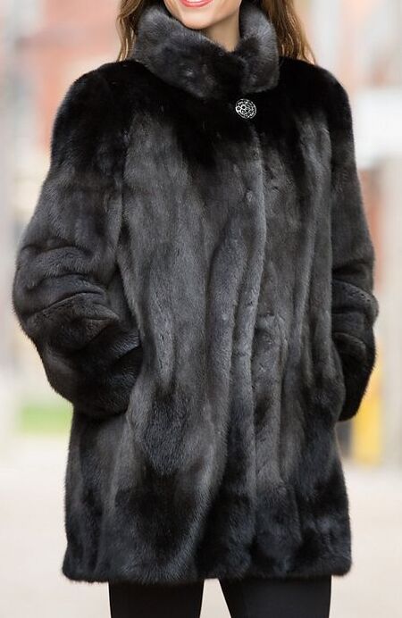 Olivia Textured Mink Stroller Coat with Fox Tuxedo Collar