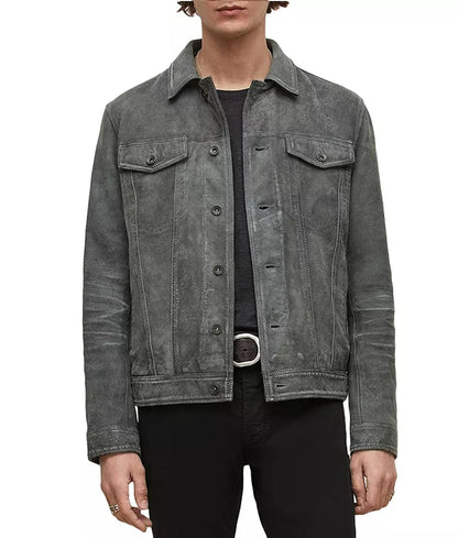 Trucker Suede Leather Jacket Men, Grey