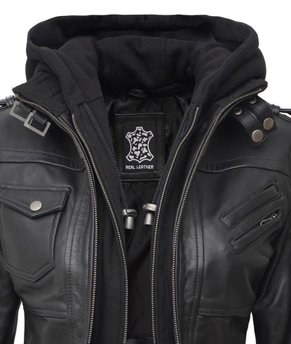 Women's Burgh Black Leather Hooded Jacket
