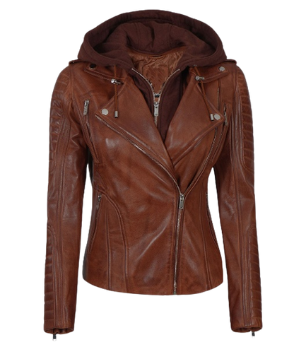 Cognac Womens Leather Jacket with Hood
