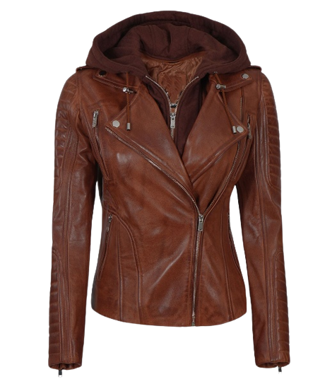 Cognac Womens Leather Jacket with Hood