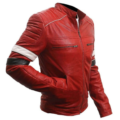 Genuine Striped Red Leather Moto Jacket Mens, Sleeves