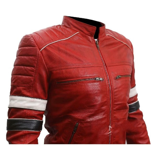 Genuine Striped Red Leather Moto Jacket Mens, Biker Jacket