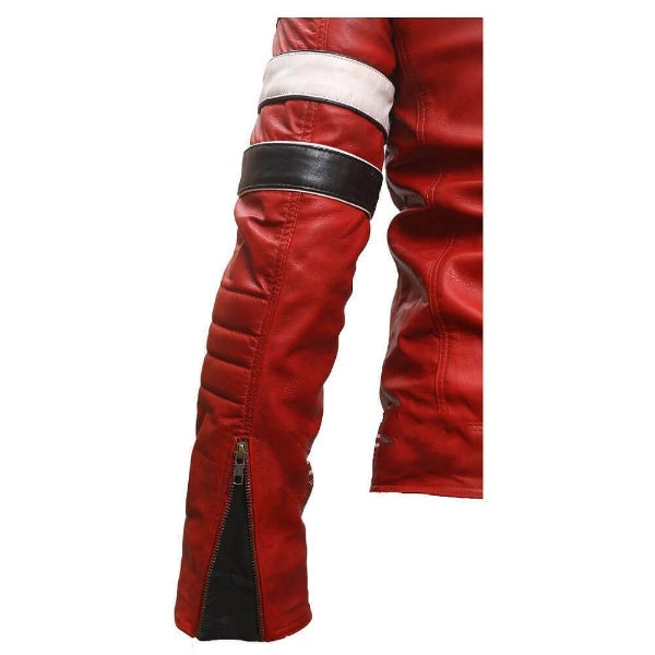 Genuine Striped Red Leather Moto Jacket Mens, Zipper Cuff