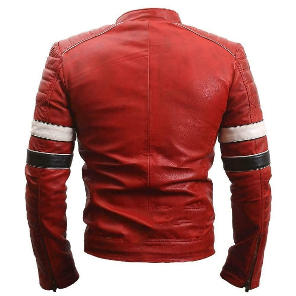 Genuine Striped Red Leather Moto Jacket Mens, Back