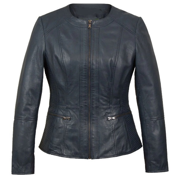 Women's Collarless Leather Navy Jacket