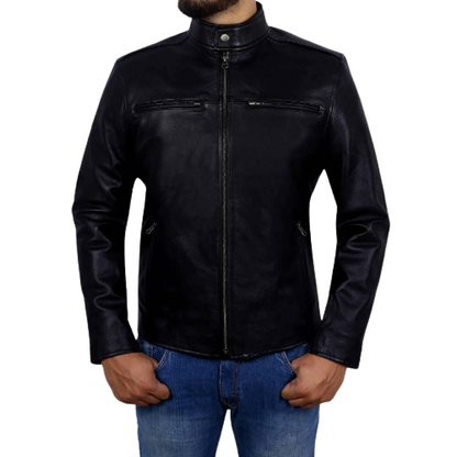 Best Plaing Leather Biker Jacket, Black