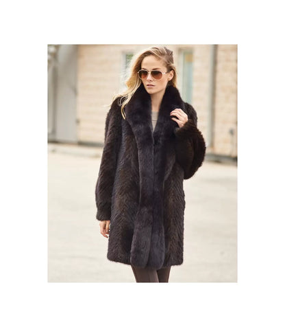 Olivia Textured Mink Stroller Coat with Fox Tuxedo Collar