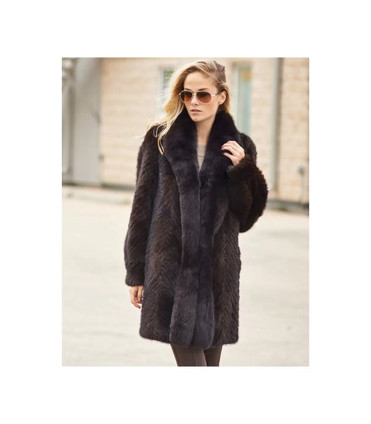 Olivia Textured Mink Stroller Coat with Fox Tuxedo Collar