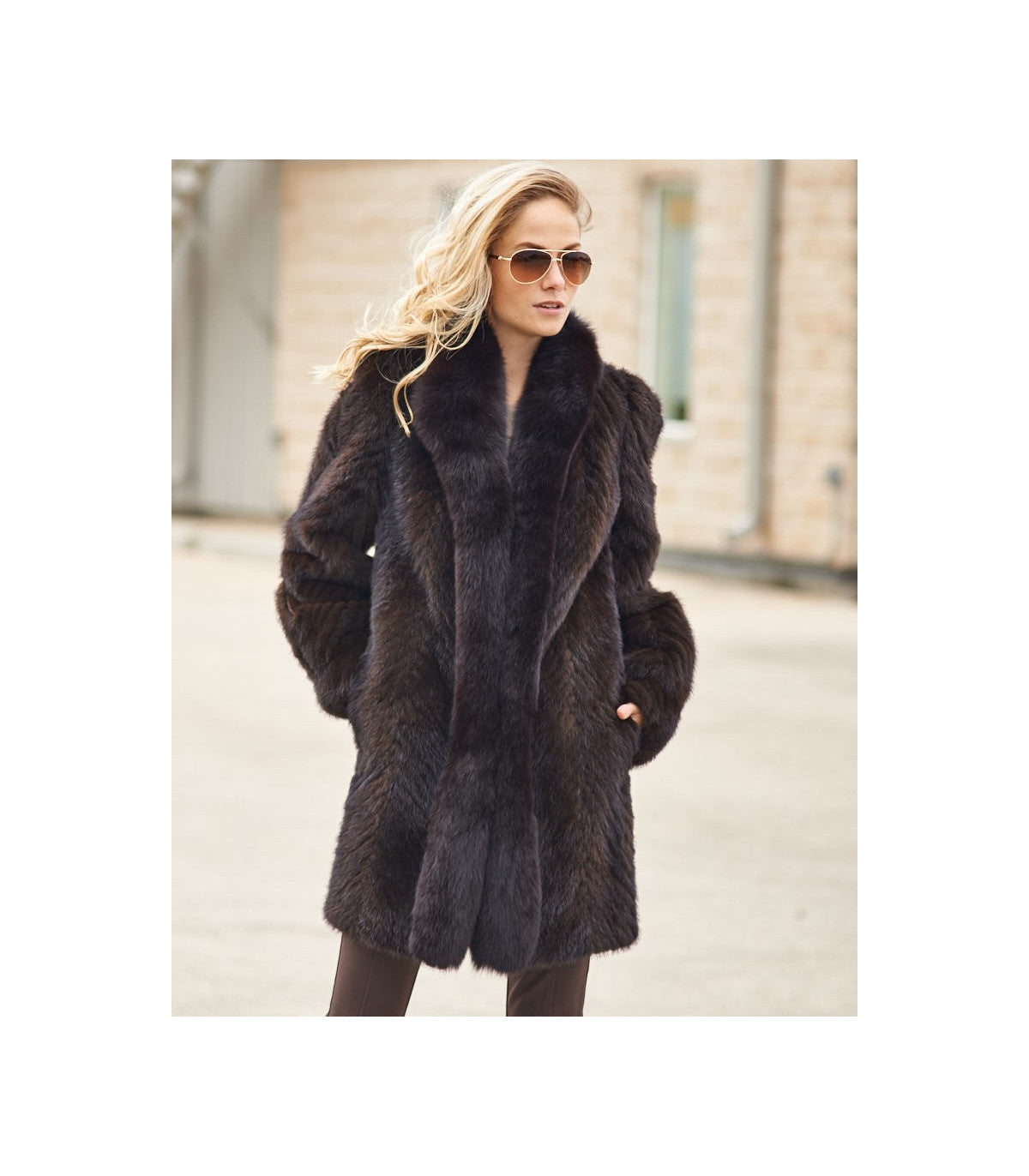 Olivia Textured Mink Stroller Coat with Fox Tuxedo Collar