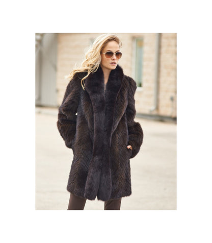 Olivia Textured Mink Stroller Coat with Fox Tuxedo Collar