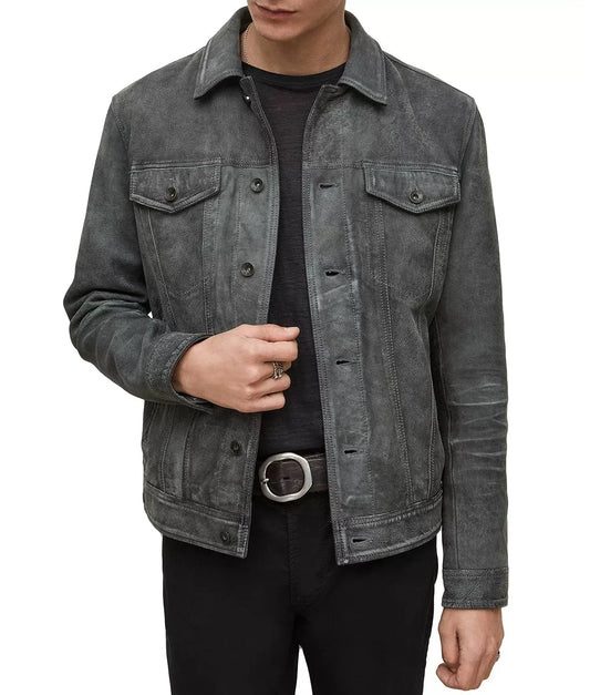 Trucker Suede Leather Jacket Men, Grey