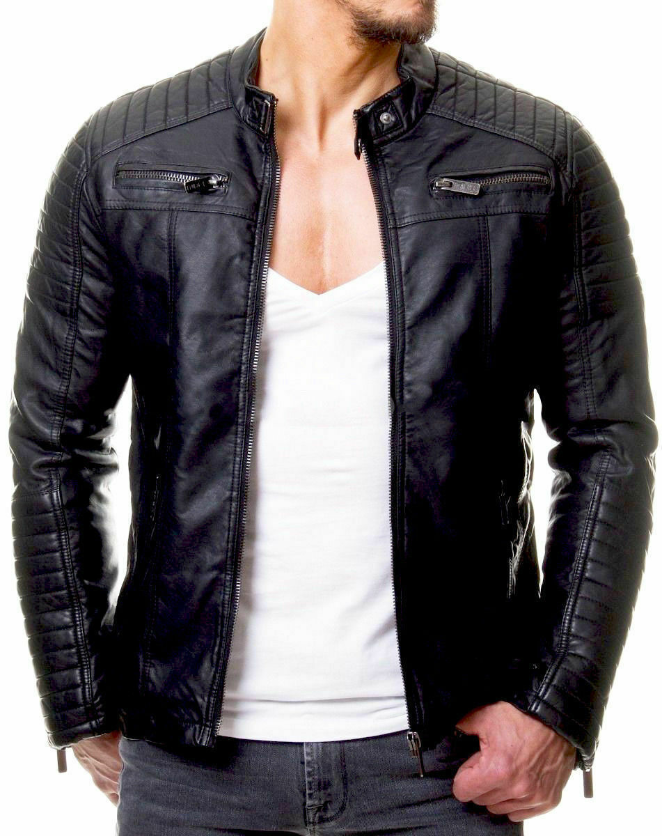 Men Faux Motorcycle Leather Jacket, Front