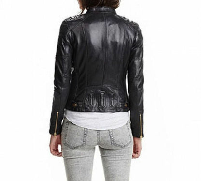 Slim Fit Women Biker Jacket, Black