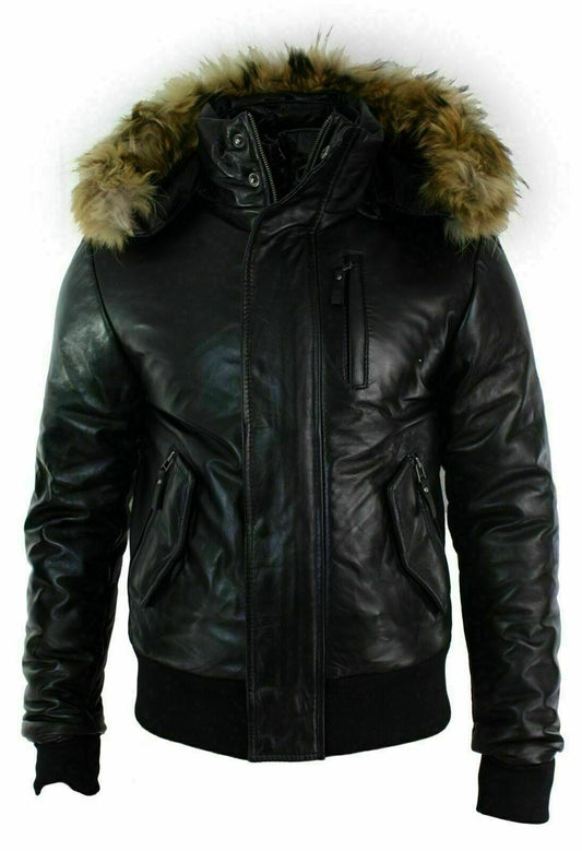 Fur Padded Leather Jacket With Hood