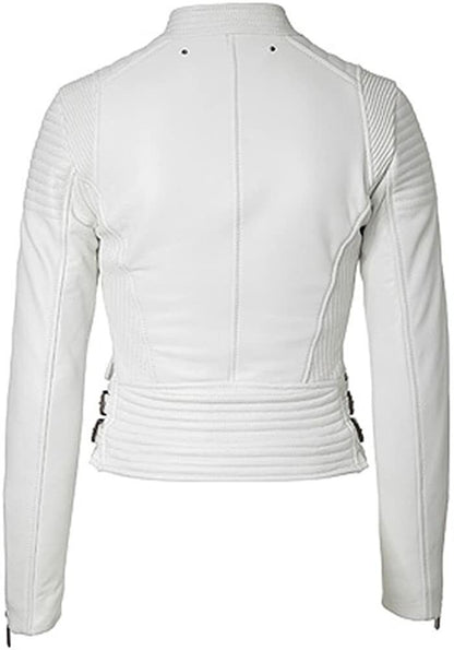 Biker Quilted Leather Leather  Jacket Women, White
