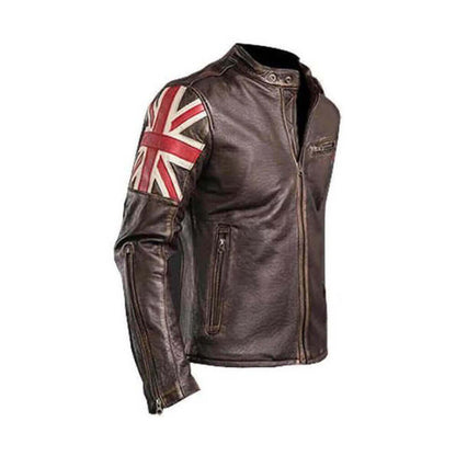 UK Flag Cafe racer Brown Leather Jacket