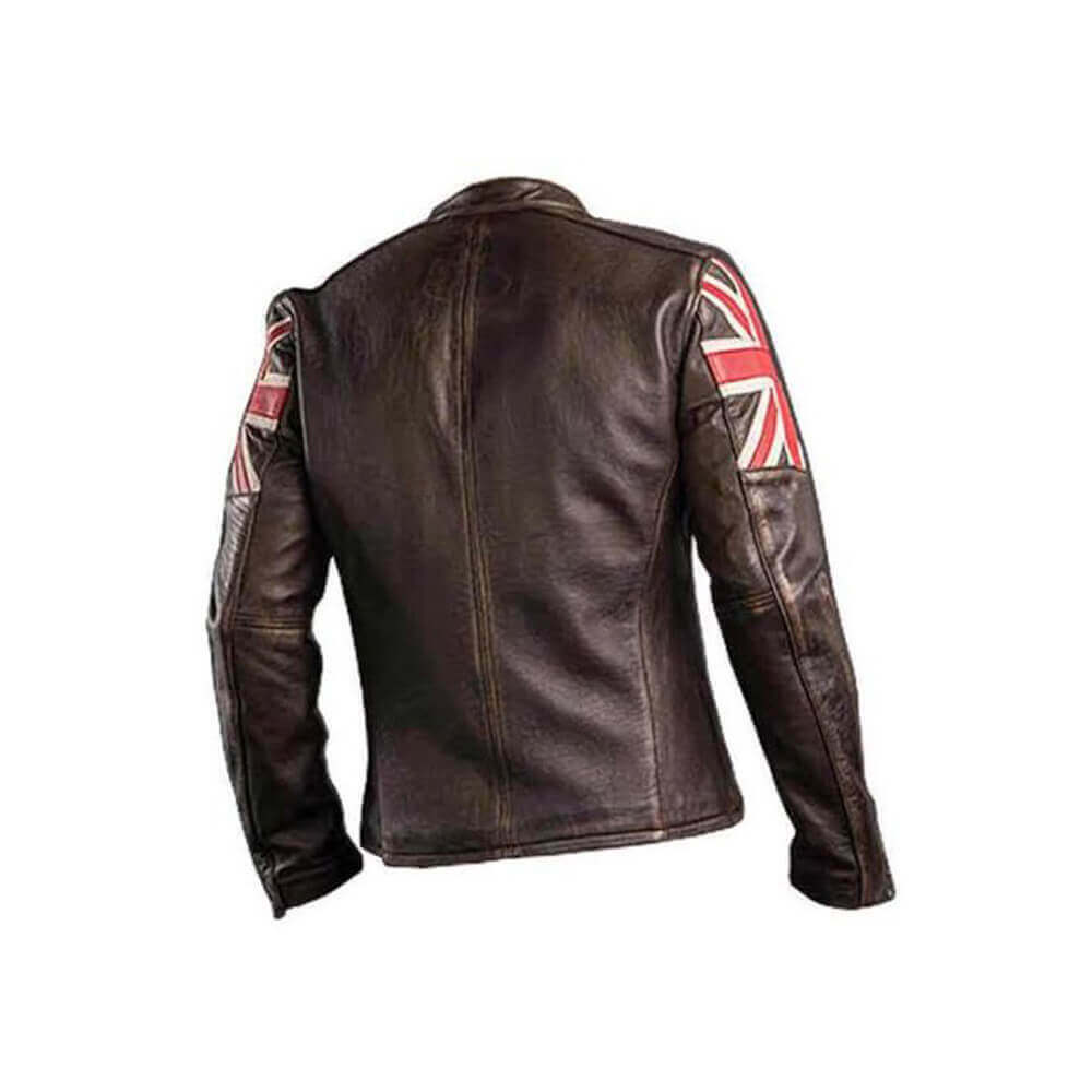 UK Flag Cafe racer Brown Leather Jacket