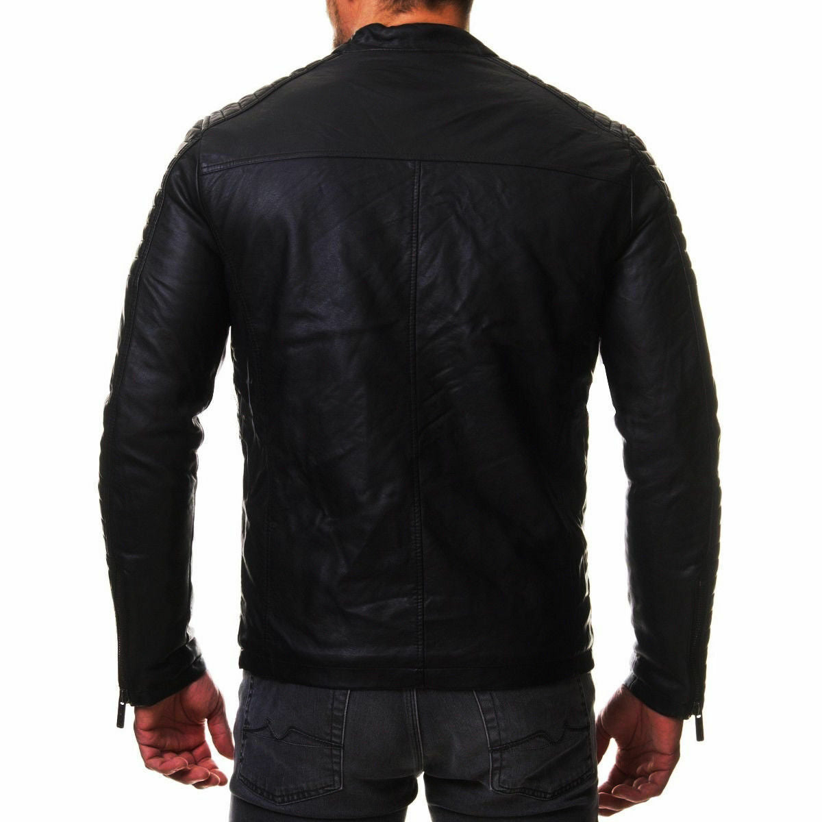 Men Faux Motorcycle Leather Jacket, Back