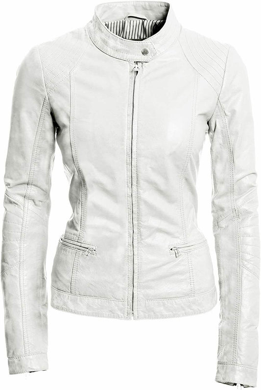 Pure Sheep Leather Biker Jacket Women, White