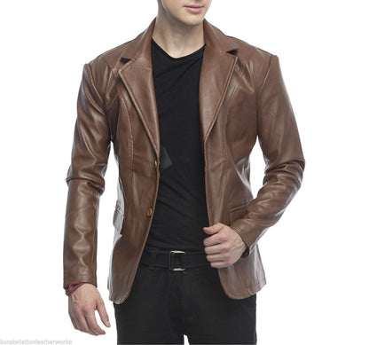 2 Button Lambskin Leather Blazer Men, Brown