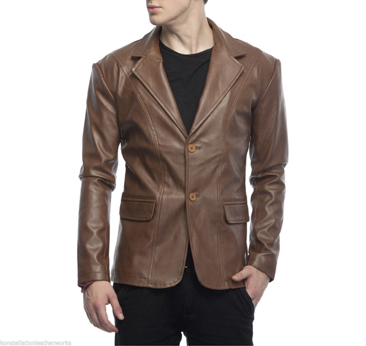 2 Button Lambskin Leather Blazer Men, Brown