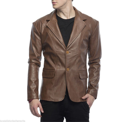 2 Button Lambskin Leather Blazer Men, Brown