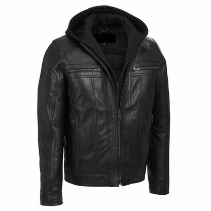 Johnson Mens Leather Jacket With Hood, Black