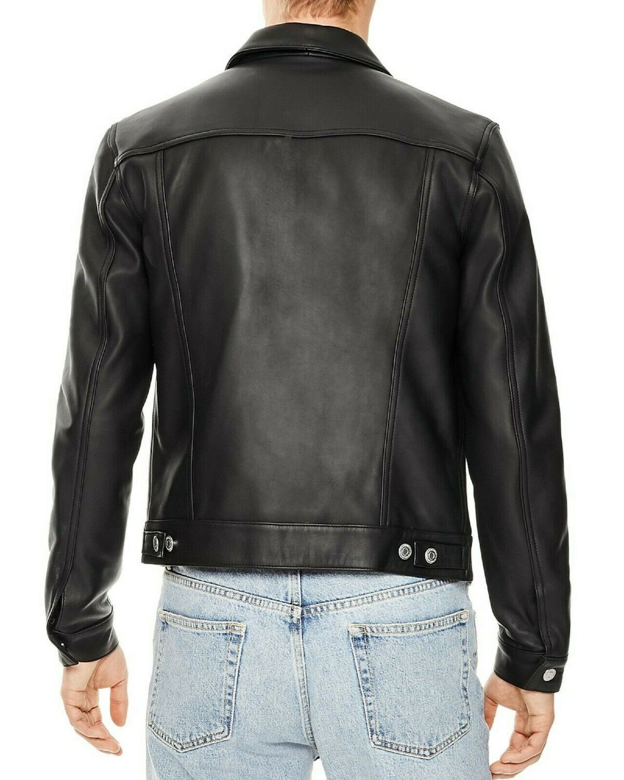 Sheepskin Men's Slim fit Trucker Leather Jacket, Back